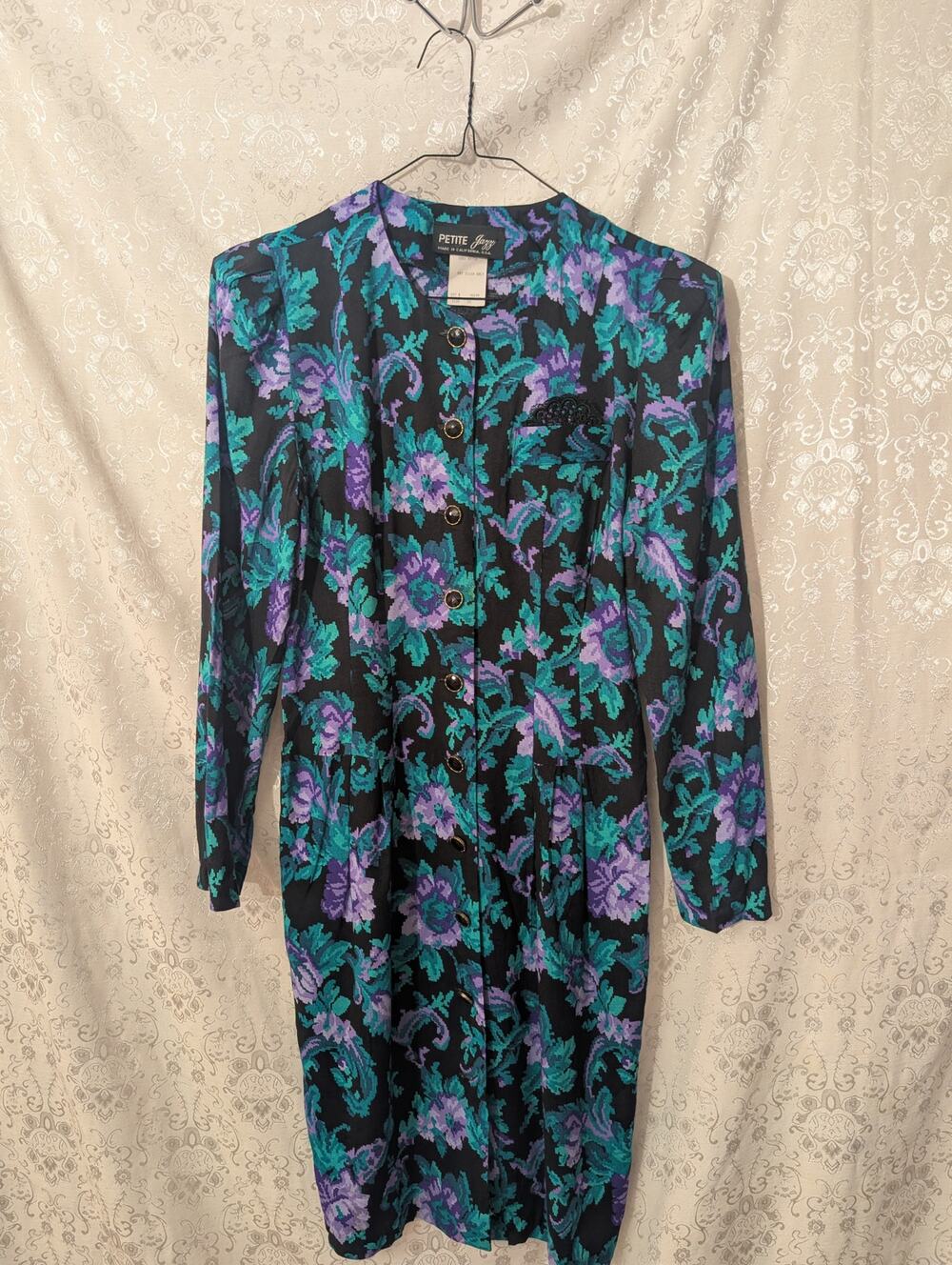 Vintage 90s Petite Jazz Teal Purple Floral Paisley Button Front Midi
